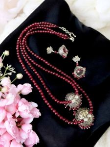 2 layer agate necklace with Tamil jhumka pendant pinkish maroon