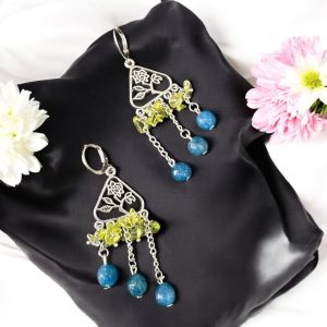 Peacock Blue agate earring,Silver Finish