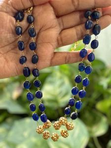 2 Layer Quartz Necklace With Antique Gold Beads,Royal Blue