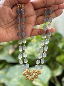 2 Layer Quartz Necklace With Antique Gold Beads, Grey
