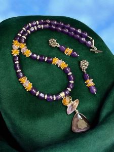 Mix Gemstone pendant with quartz beads and crystals Necklace + Earrings