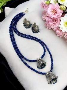 2 layer agate necklace with Tamil jhumka pendant