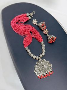 Seed Beads necklace with oxidised silver pendant with matching jhumkas : Pink