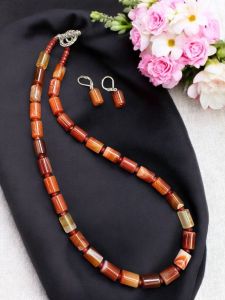Seed Beads necklace with oxidised silver pendant with matching jhumkas : Pink