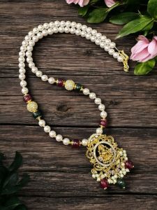 Antique Gold Lakshmi Pendant Necklace with CZ balls and Pearls