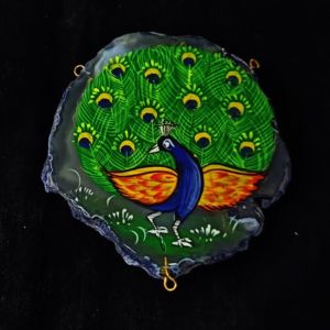 Peacock Pendant, Multicolor, Hand Painted On Onyx Stone