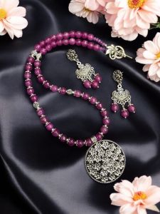 Agate necklace with oxidised silver pendant,Purple