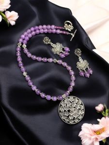 Agate necklace with oxidised silver pendant,Lavender