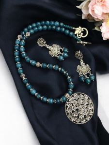 Agate necklace with oxidised silver pendant,Sea Blue