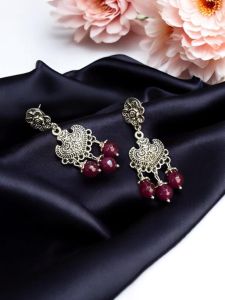 Pinkish maroon, agate earring,Silver Finish