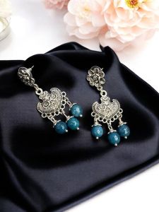 Peacock Blue, agate earring,Silver Finish
