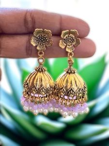 Antique Gold Jhumkas with Crystal and Pearl,Lavender