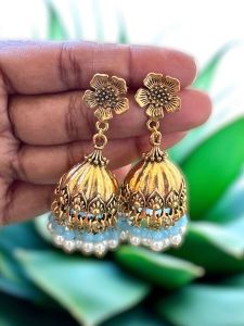 Antique Gold Jhumkas with Crystal and Pearl,Sky Blue
