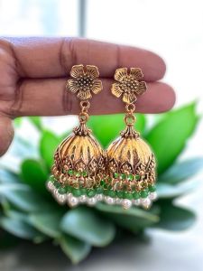 Antique Gold Jhumkas with Crystal and Pearl,Green