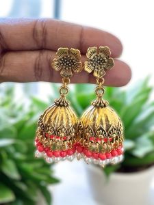 Antique Gold Jhumkas with Crystal and Pearl,Peachish Pink