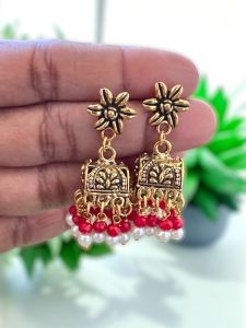 Antique Gold Jhumkas with Crystal and Pearl,Red