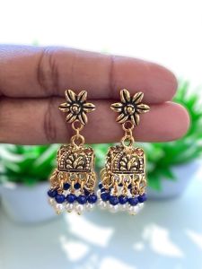 Antique Gold Jhumkas with Crystal and Pearl,Navy Blue