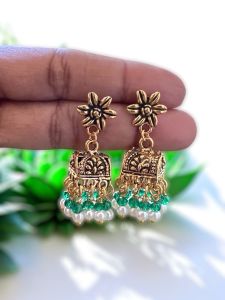 Antique Gold Jhumkas with Crystal and Pearl,Sea Green