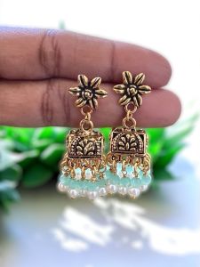 Antique Gold Jhumkas with Crystal and Pearl,Sea Blue