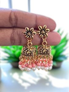Antique Gold Jhumkas with Crystal and Pearl,Peach