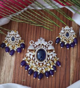 Victorian Pendant with Earrings,Navy Blue