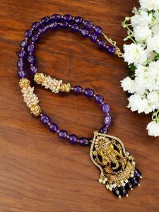Victorian Ganesha pendant with quartz beads 2 in 1 Necklace, Dark Purple