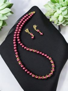 Glass Pearl Necklace with Earrings , Ruby 