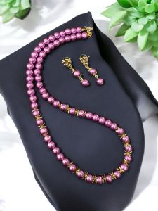Glass Pearl Necklace with Earrings , Ruby 