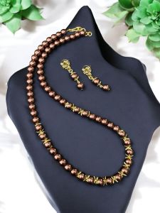 Glass Pearl Necklace with Earrings , Ruby 