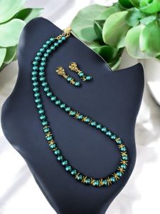 Glass Pearl Necklace with Earrings , Ruby 