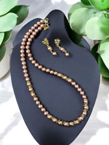 Glass Pearl Necklace with Earrings , Ruby 
