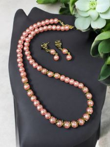 Glass Pearl Necklace with Earrings , Ruby 