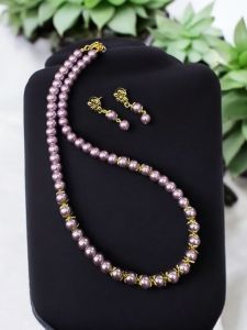 Glass Pearl Necklace with Earrings , Ruby 