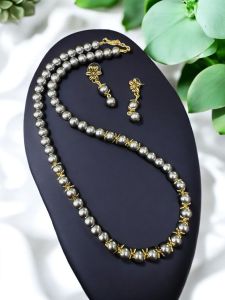 Glass Pearl Necklace with Earrings , Grey