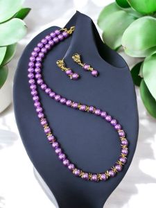 Glass Pearl Necklace with Earrings , Light Grey