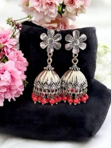 German Gold Jhumkas with Crystal and Pearl,Peachish Pink