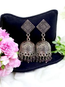 German Gold Jhumkas with Crystal and Pearl,Peachish Pink