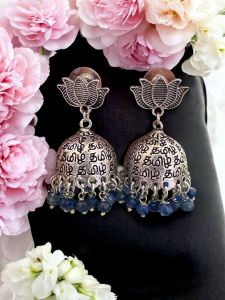 German Silver Tamil Jhumkas With Antique Silver Flower Stud, Blue