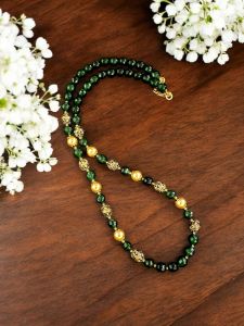 Agate necklace with antique gold balls,Dark Green