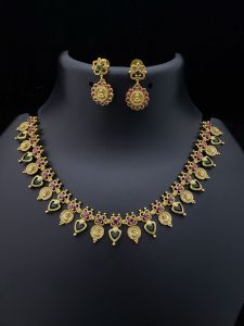 Antique Gold Finish Palakka (Kerala Style) Necklace with Earrings