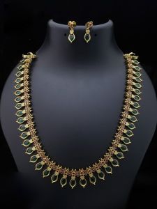 Antique Gold Finish Palakka (Kerala Style) Long Necklace (Haram) with Earrings