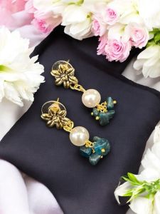 Gemstone Earrings with Pearls ,Gold Finish