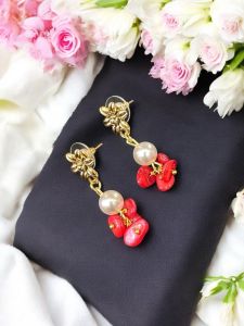 Gemstone Earrings with Pearls ,Gold Finish,Coral