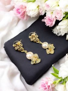 Gemstone Earrings with Pearls ,Gold Finish
