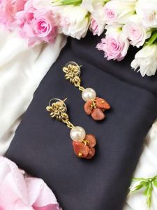 Gemstone Earrings with Pearls ,Gold Finish,Sandstone