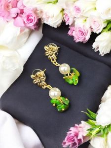 Gemstone Earrings with Pearls ,Gold Finish