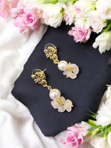 Gemstone Earrings with Pearls ,Gold Finish,Rose Quatrz