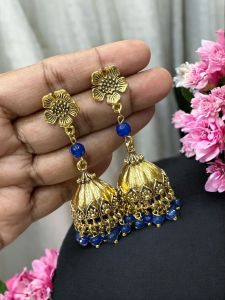 Antique Gold Jhumkas with Agate Beads Navy Blue
