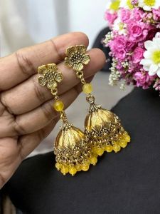 Antique Gold Jhumkas with Agate Beads Yellow