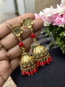 Antique Gold Jhumkas with Agate Beads Red